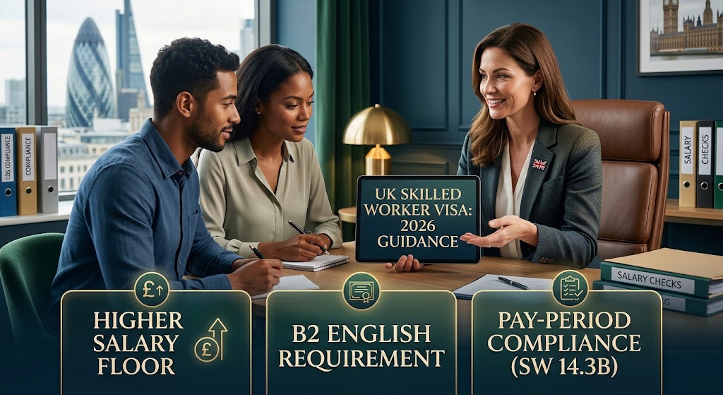 Licensed immigration advisor consulting clients on UK Skilled Worker visa requirements including salary thresholds, B2 English standards, and SW 14.3B pay-period compliance.
