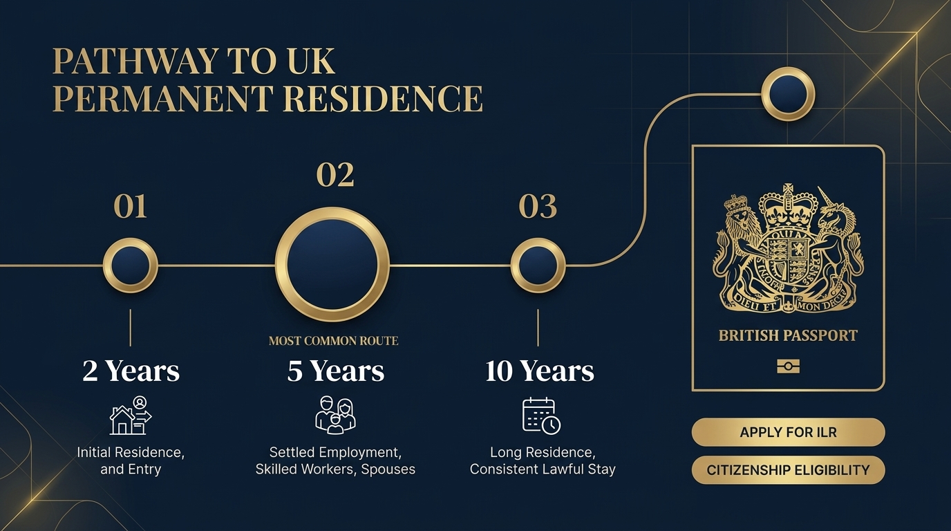 Pathway to UK permanent residence infographic showing 2-year, 5-year, and 10-year Indefinite Leave to Remain (ILR) timelines
