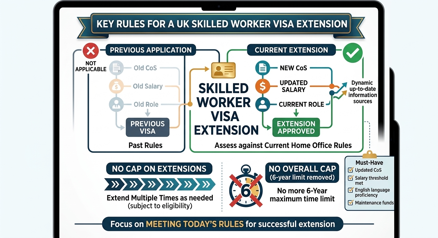 Infographic showing UK Skilled Worker Visa extension rules, current CoS requirements, updated salary thresholds, and no 6-year cap.